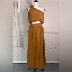 Feminine Two Piece Set One Shoulder Top with Bow Long Flowy Skirt Slits in Brown